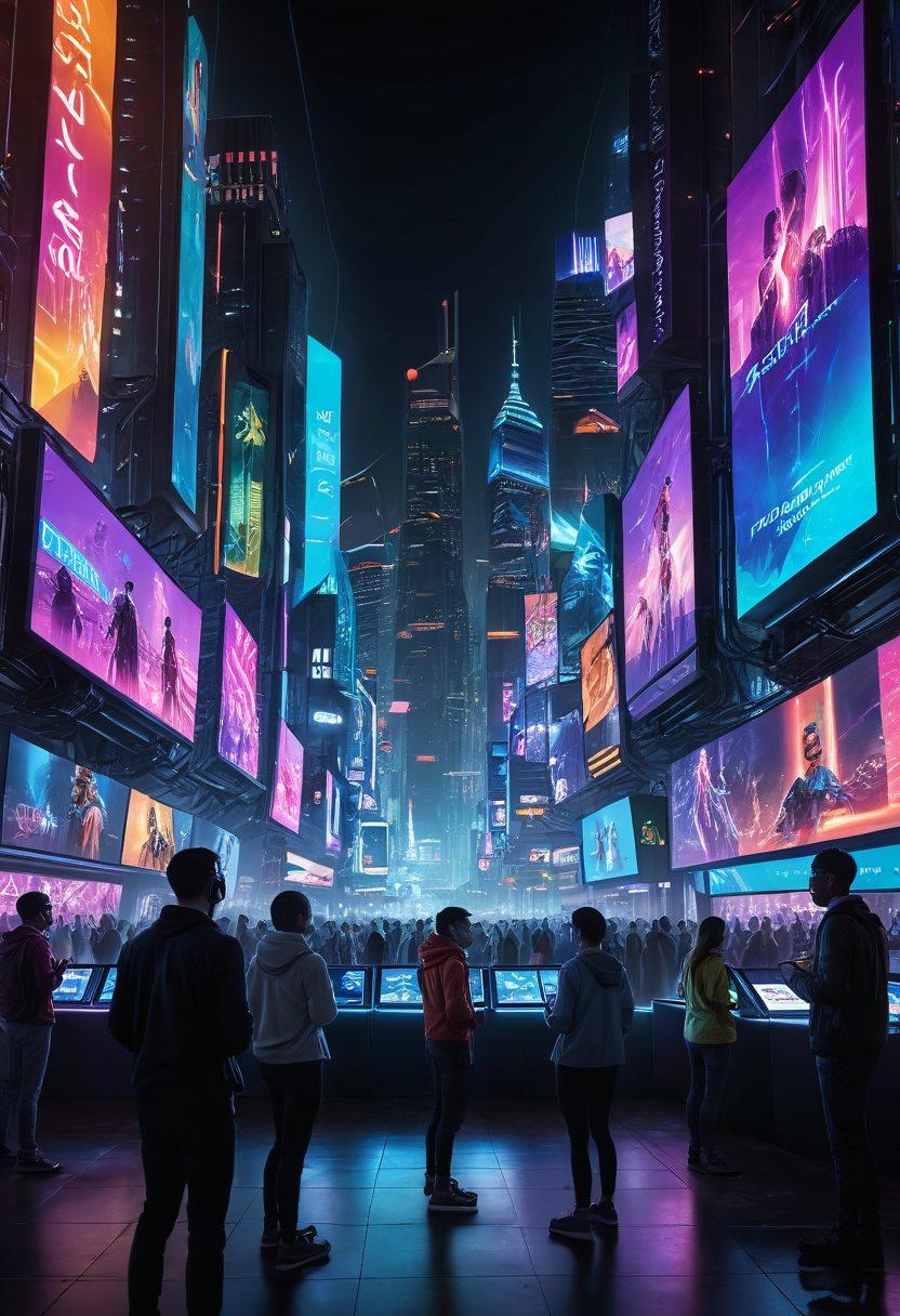 A futuristic city skyline with vibrant digital screens showcasing various forms of entertainment like streaming, gaming, and virtual reality. In the foreground, diverse people engaging, with holographic interfaces emerging from their devices. Neon lights create a dynamic and lively atmosphere, symbolizing innovation and technology in entertainment. The scene is filled with bright colors and a sense of forward motion, underscoring the concept of future-proofing. cyberpunk. vibrant colors. 3D.