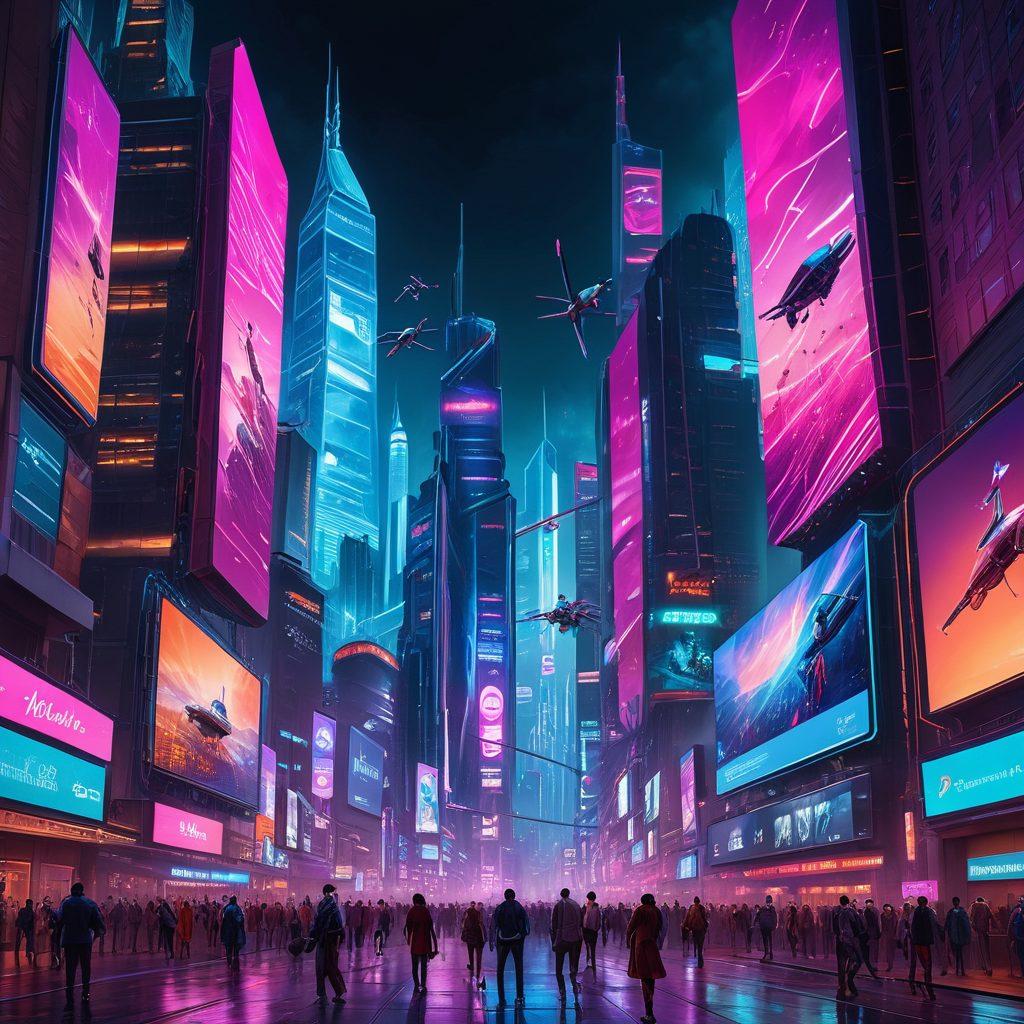 A futuristic cityscape showcasing a massive holographic screen displaying diverse online streaming content, with people engaging with VR headsets and smart devices. The skyline features iconic structures illuminated with vibrant neon lights, symbolizing the evolution of entertainment. Add dynamic elements like flying drones and animated advertisements. The scene captures the essence of modern technology and entertainment's future. cyberpunk. vibrant colors.