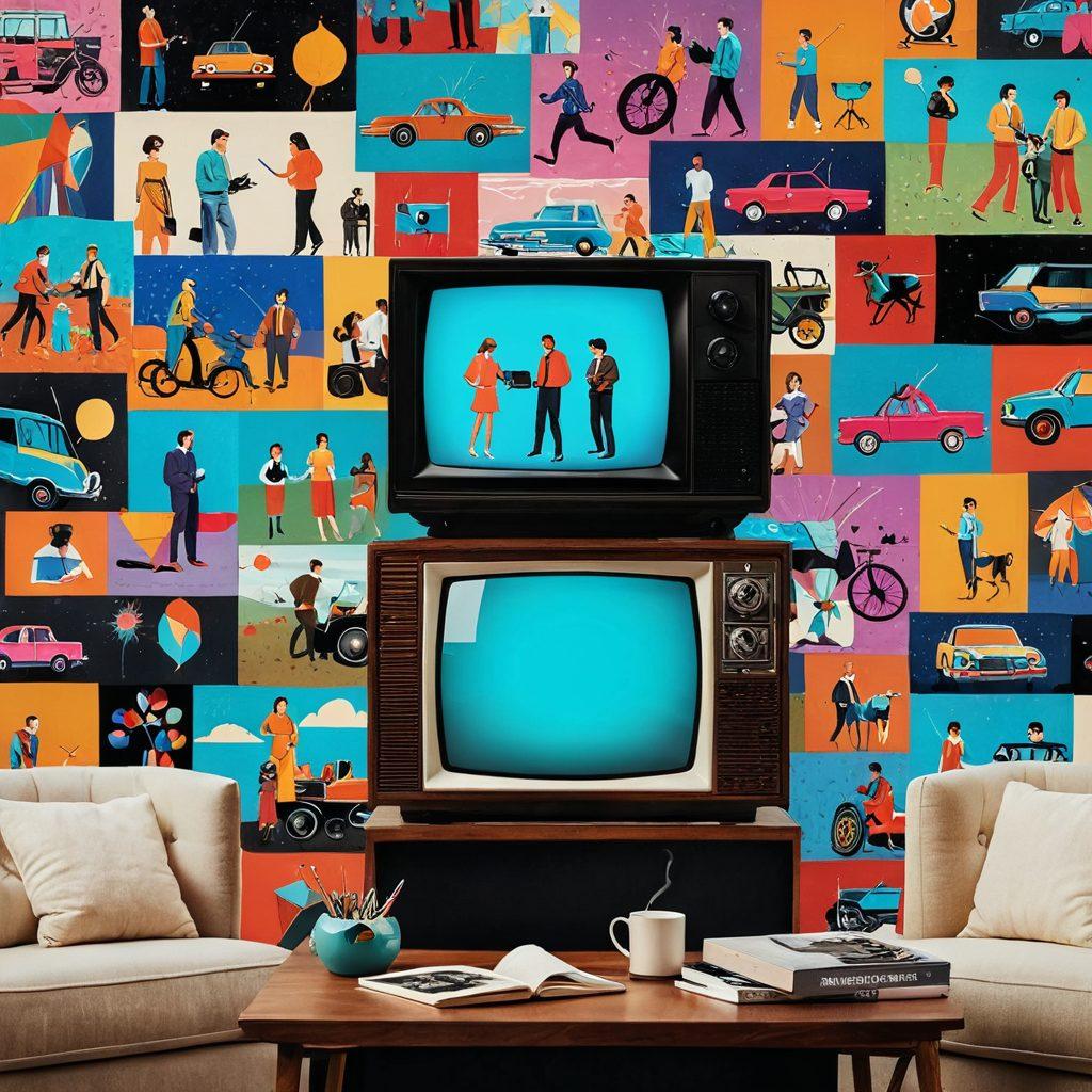 A vibrant collage showing the transition from a vintage television set to modern streaming devices, with iconic scenes from classic TV shows and online content on screens. Include elements like a family watching TV together in the 80s, and an individual streaming on a tablet in a cozy living room. Emphasize the evolution of technology and entertainment styles, surrounded by colorful bursts symbolizing innovation. super-realistic. vibrant colors. dynamic composition.